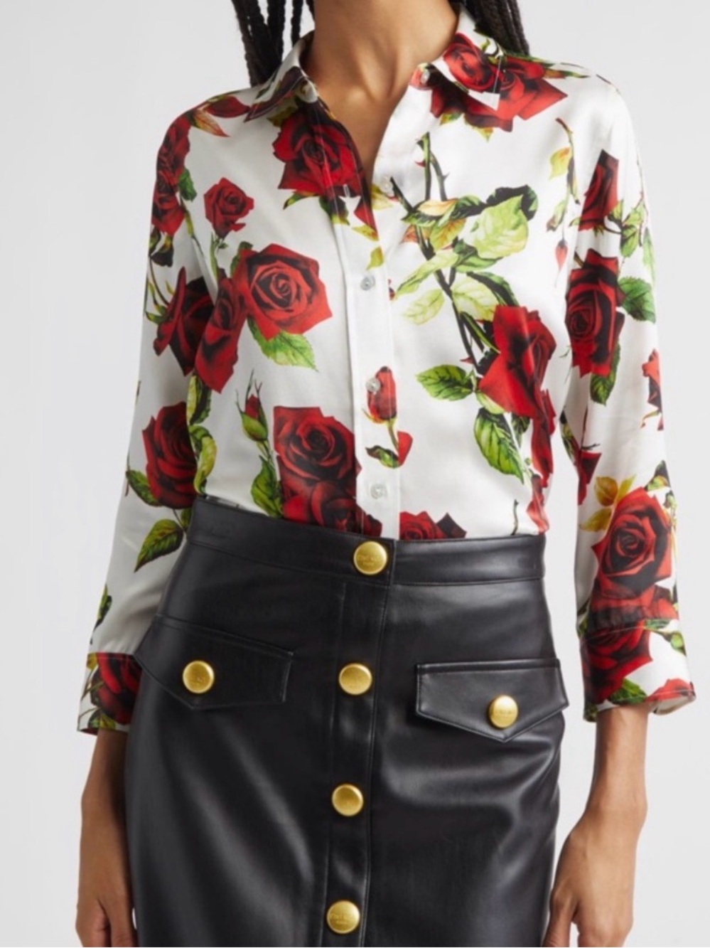 L'AGENCE Cream Blouse with Red Rose Print - Picture 2 of 3